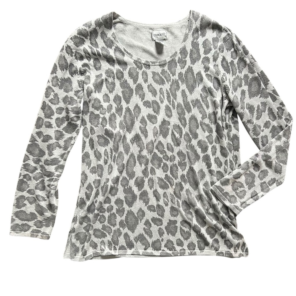 Chico's Metallic Gray Leopard Print Lightweight Sweater size 3 / Women's size L